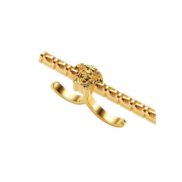 NIB Versace Double Ring Size XL Medusa Greca Engraved Gold Tone $450 - Picture 3 of 11